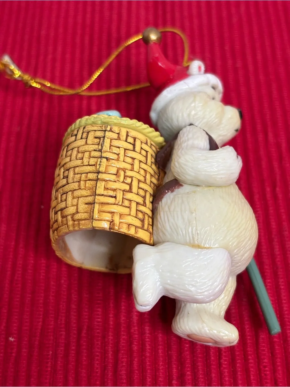 Polar Bear Fisherman with Santa Hat, Basket Full o Fish and Fishing Pole